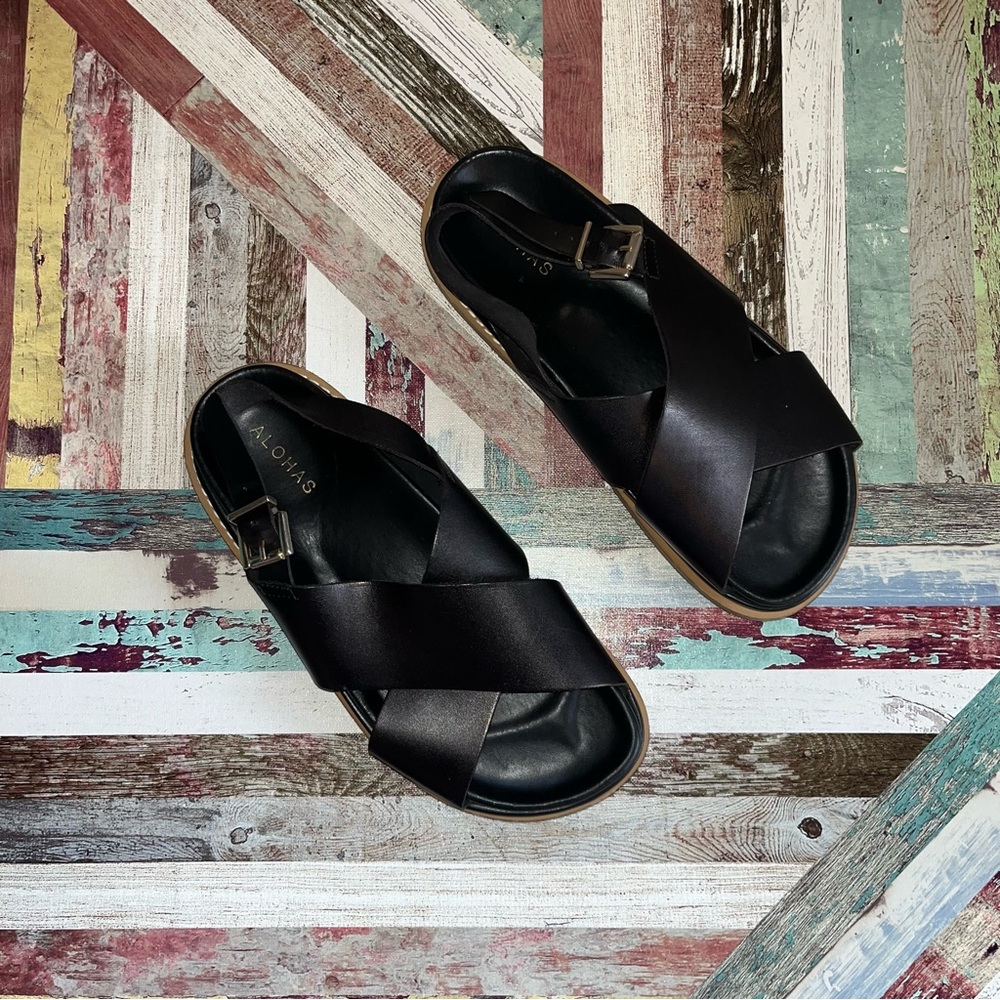 ALOHAS Marshmallow Black Leather Crossover Slingback Sandals - Picture 3 of 9